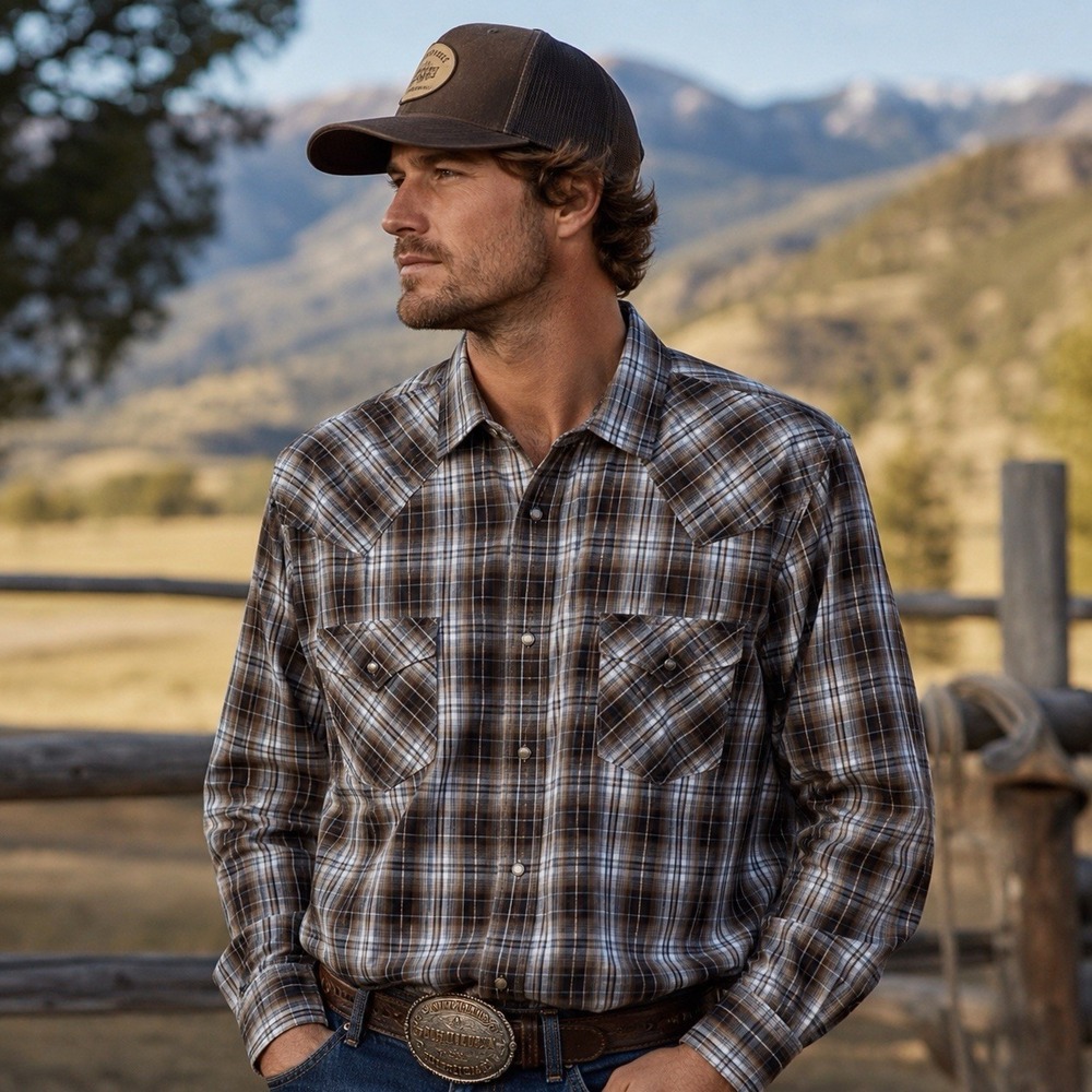 Ely Cattleman Brown Blue Plaid Long Sleeve Buttonup Rodeo Country‎ Outdoors 2X